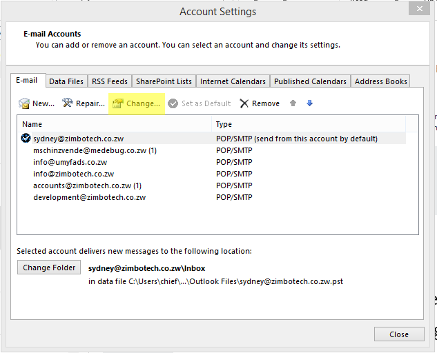Accounts list - Microsoft Outlook Password